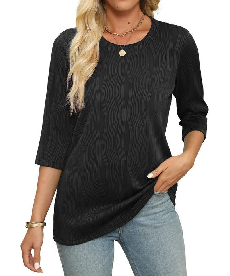 Womens Tops Dressy Casual 3/4 Sleeve round Neck Shirts Loose Fit Blouses