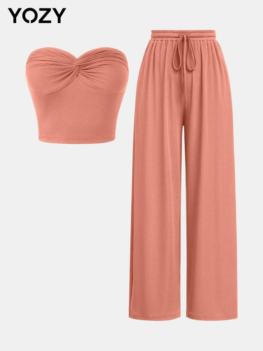 YOZY [7 Colors] Twist Crop Tube Top & Drawstring Waist Pants Set/ Elegant Solid Sleeveless Cropped Top & Straight Wide Leg Trousers, Fall & Winter Outfits